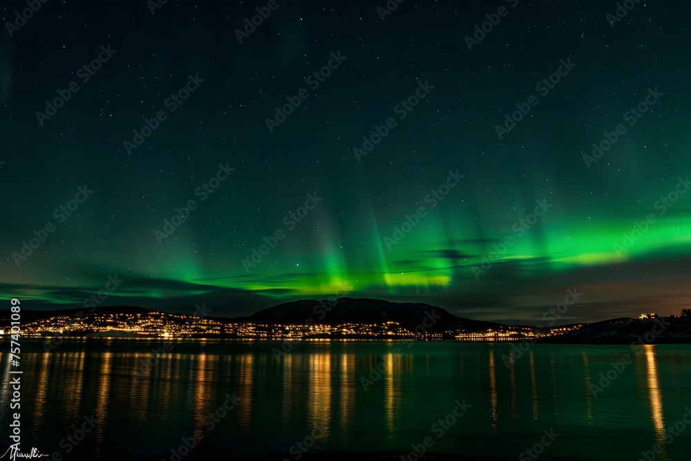 Obraz premium Aurora Borealis Enchants Norway's Night Sky with a Mesmerizing Dance of Green Lights