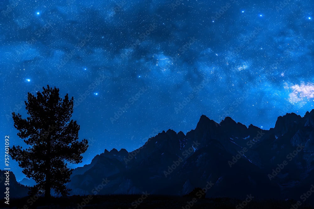 Starry Night Over Rockies: Milky Way Galaxy Shines Above, Mountain and Tree Silhouettes Against Dark Blue Sky. Starry Night Over Rockies: Milky Way Galaxy Shines Above, Mountain and Tree Silhouettes Against Dark Blue Sky.
