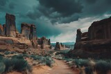 Overcast skies loom over Arches National Park's majestic rock formations and desert flora in Utah, USA, crafting a strikingly dramatic landscape.