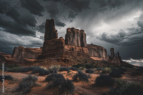 Overcast skies loom over Arches National Park, Utah, showcasing its majestic rock formations and stark desert flora in a dramatic display.