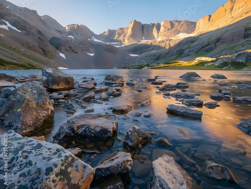Early morning at Icing and Ice Lake: a serene view of a rocky shore leading to calm waters under a clear sky, with mountains and long shadows.