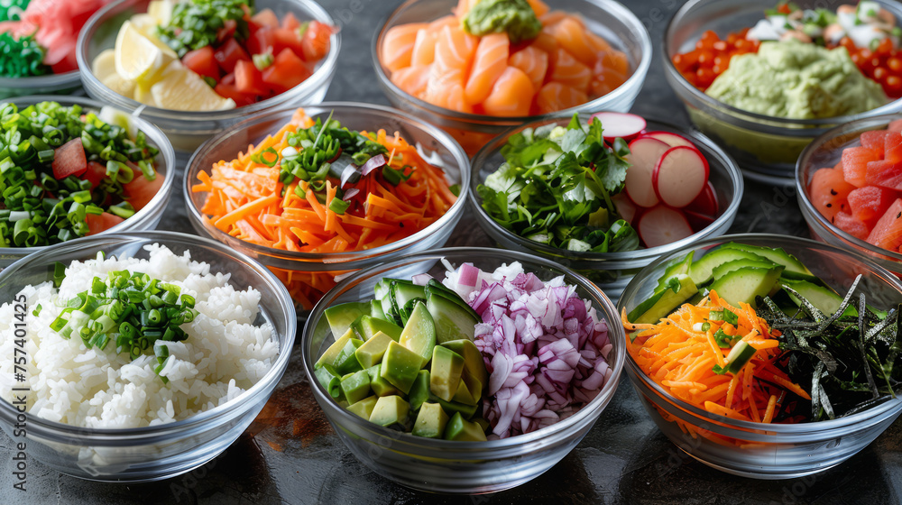 An attractive spread of poke bowls featuring assorted fresh ingredients, suitable for a clean and healthy eating plan An attractive spread of poke bowls featuring assorted fresh ingredients, suitable for a clean and healthy eating plan