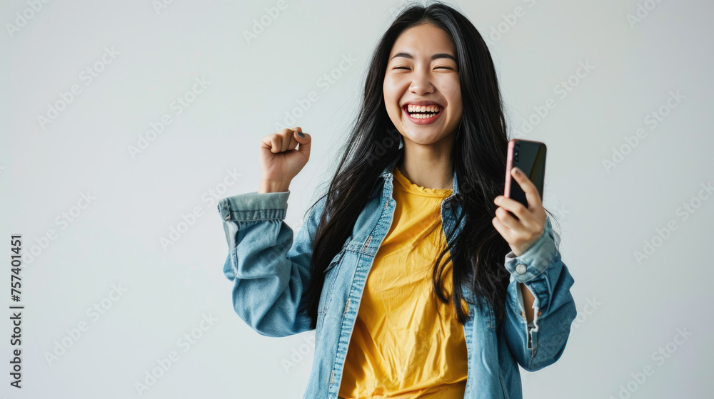 Young woman smiles joyfully while holding her smartphone against a colored background. Young woman smiles joyfully while holding her smartphone against a colored background.