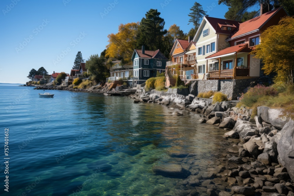 Houses line the lakes shore, surrounded by water, trees, and natural beauty