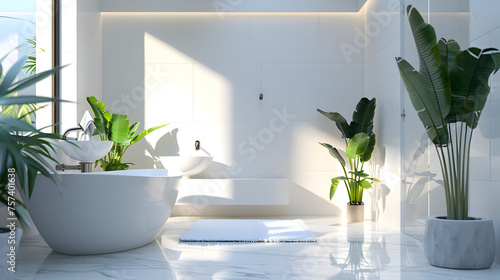 A contemporary bathroom design featuring marble floor  white fixtures  and a variety of green plants for a fresh ambiance