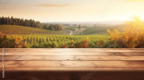 a wooden table with a field of trees in the background
