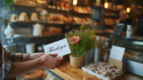 A woman is holding a thank you card in front of a bakery. The card is white and has a black message that reads "Thank You." The woman is standing in front of a counter with various baked goods