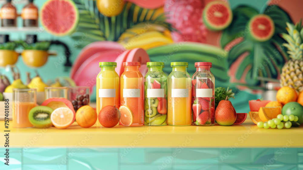 A cheerful scene showcasing a lineup of fruit-filled drinks with raw ingredients, set on a vibrant kitchen table A cheerful scene showcasing a lineup of fruit-filled drinks with raw ingredients, set on a vibrant kitchen table