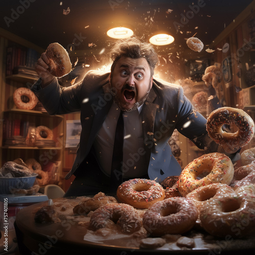Clumsy burglar tangled in humorous handcuffs donut-loving detective in pursuit © charunwit