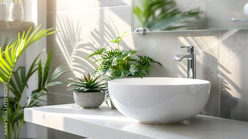 Close-up of an elegant bathroom vanity with a chic vessel sink  shiny faucet  and potted plants creating a natural ambiance