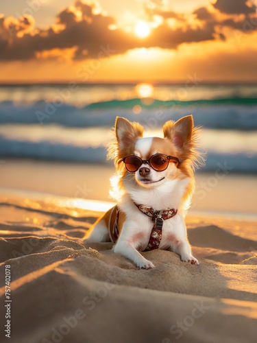 chien chihuahua à la plage avec des lunettes de soleil © AlcelVision