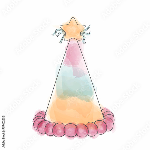 A doodle hand-painted watercolor birthday hat featuring a star on top. The hat is vibrant and colorful, perfect for celebrating special occasions