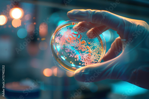 A person is holding a petri dish with a strange substance in it. The dish is clear and the substance is yellow and pink. The person is wearing gloves and he is examining the substance photo