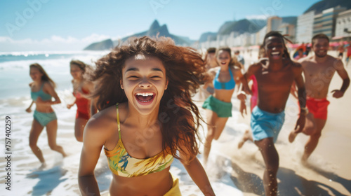 Cheerfully laughing young woman dressed summer bikini while she running with teenagers friends by wide latin american country city beach. Active People, friends relations and summer vacation concept