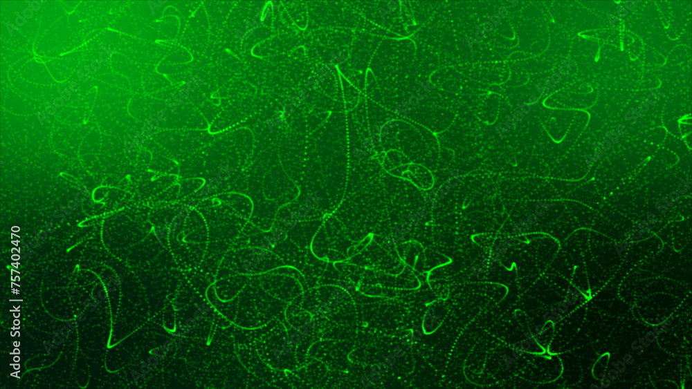 Fototapeta premium Abstract green particle with a distorted and floating line background. Green dot lines swirling to fit the presentation's theme