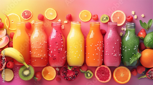 Bottles of vibrant fruit juices surrounded by fresh fruits on a multicolored background, suggesting healthy lifestyle choices