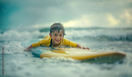 Portrait of cute young boy paddling on long surfboard on calm waves. Happy childhood and active vacation time, active people, and extreme sport concept on the ocean coast surfing spot. © Train arrival