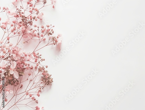 Flowers on a white background with copyspace. Aesthetic, pastel tones, design.