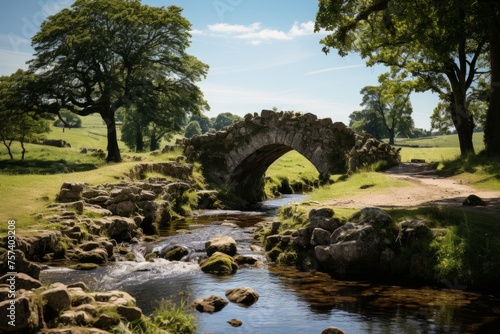Stone bridge spans river in field, connecting sky and water