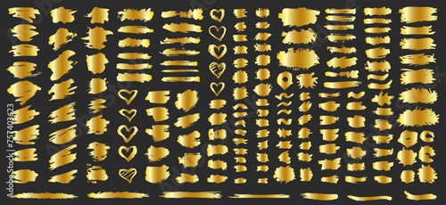 Big set of golden vector textured brush splashes. Detailed rough luxury blots, ink smears, paint smudges, pencil stains as text boxes