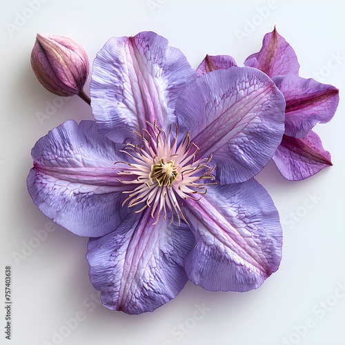 Clematis flower isolated on white background with shadow. Purple flower summertime bloom