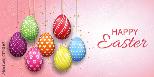 Happy Easter vector banner and poster template with colorful 3D eggs. Easter design for background, invitation, flyer and greeting card template.