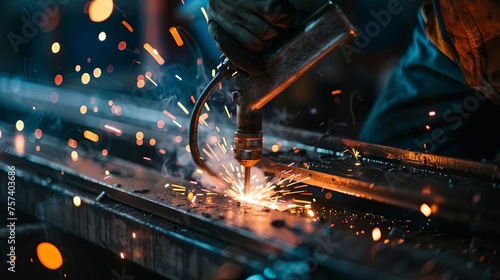 detailed closeup of welder wearing gloves welding metal with sparks photo
