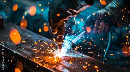 Man hand with gloves welding with machine metal in factory with smoke
