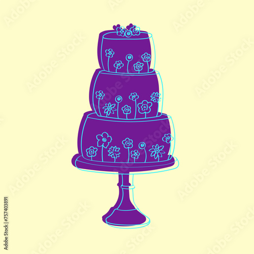 A hand-drawn illustration of a three-tiered cake adorned with delicate flowers. The cake is detailed with intricate decorations and piping, showcasing a traditional yet elegant design