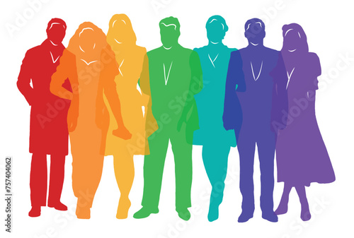 Group of people, silhouettes of men and women, passers-by, ladies and gentlemen, office workers, businessmen, business people. Colorful vector illustration.
