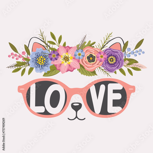 Cute cat girl face with flower wreath, sunglasses, Love slogan text for t-shirt graphics, fashion prints, slogan tees and other uses