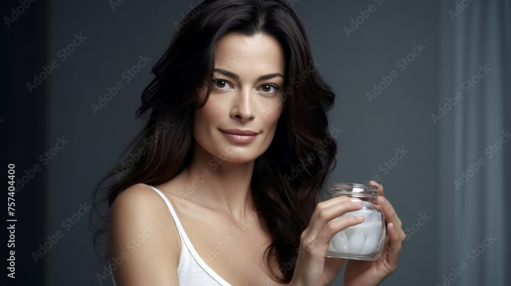 Mature moan model posing for Body skincare routine, Bodycare, spa aesthetic, body moisturiser cosmetic product, presenting a jar of white cream in her hands. Mature moan model posing for Body skincare routine, Bodycare, spa aesthetic, body moisturiser cosmetic product, presenting a jar of white cream in her hands.
