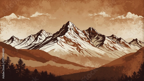 Mountain range illustration in warm copper colors, tailored for premium wallpaper, wall art decoration, and high-end advertising.