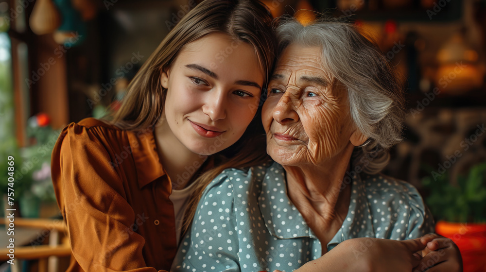 Young woman and an elderly woman closely posing together, smiling warmly, giving a sense of family, affection, and generational connection. Young woman and an elderly woman closely posing together, smiling warmly, giving a sense of family, affection, and generational connection.
