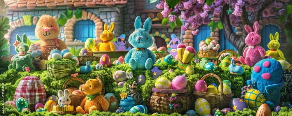 Joyful Easter Morning: Baskets Filled with Lush Green Grass, Colorful Eggs, and Sweet Candies Awaiting Excited Children