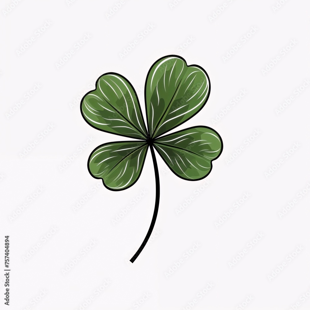 Drawn green four-leaf clover on white isolated background. Green four-leaf clover symbol of St. Patrick's Day.