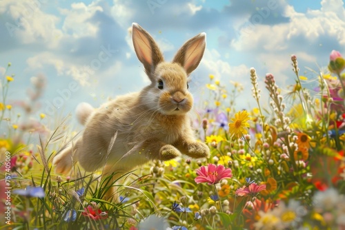 Easter Magic in the Air: A Playful Bunny Dances Through a Field of Spring Blossoms © aicandy