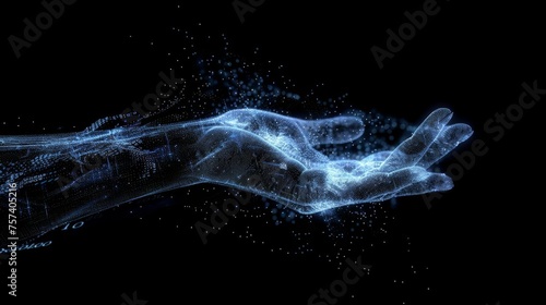 Digital hand hologram on dark background with copy space. Neural network connection. Communication with artificial intelligence