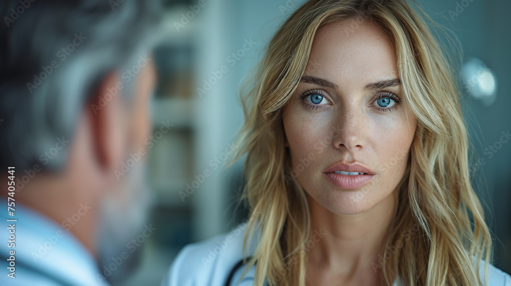 Simple, realistic stock advertising photo of a person talking to their doctor about their headache Simple, realistic stock advertising photo of a person talking to their doctor about their headache