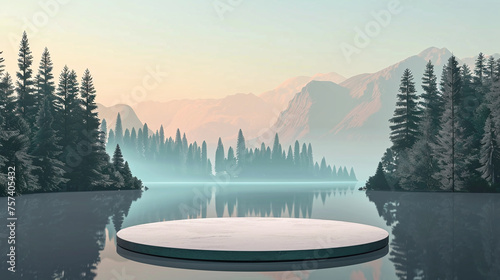 Display stand with natural background at lake, pine forest and mountains. Ai generate. © MOUNTAIN