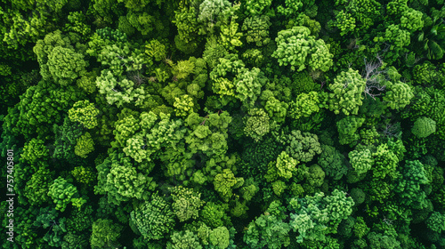Aerial top view of green trees in forest. Drone view of dense green tree captures CO2. Green tree nature background #757405801