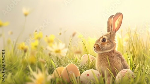 A soft-focus depiction of a rabbit with Easter eggs in a field, bathed in the gentle light of early spring