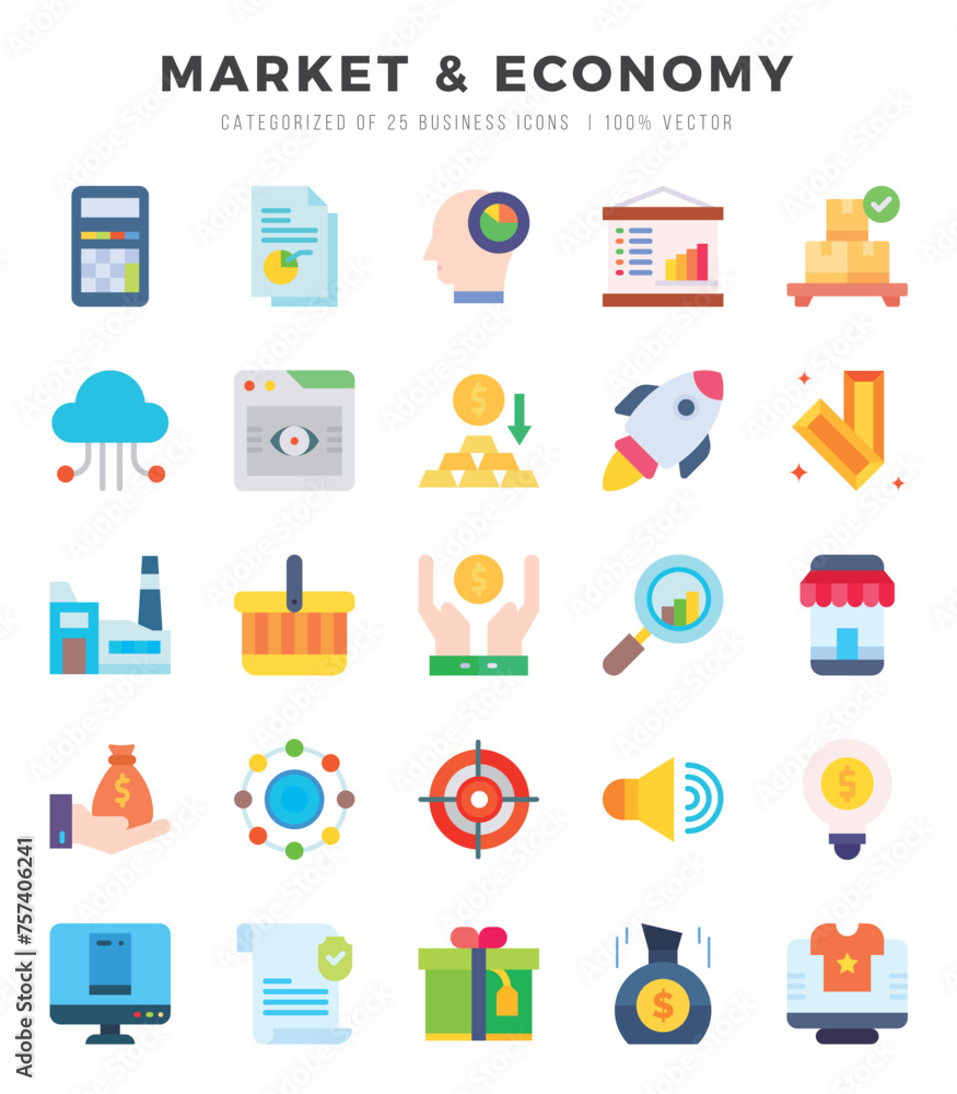 Set of 25 Market & Economy Flat Icons Pack.