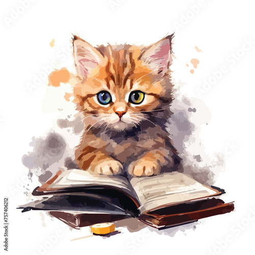 Cute Cat Studying Watercolor Clipart isolated on white