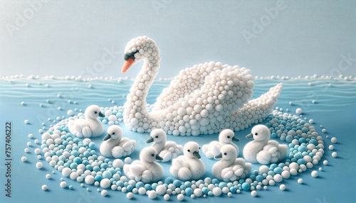 Swan and cygnets on a bubble nest illustration photo