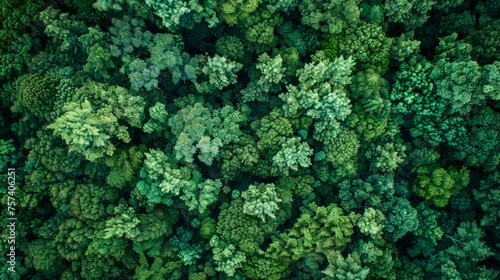 Aerial top view of green trees in forest. Drone view of dense green tree captures CO2. Green tree nature background