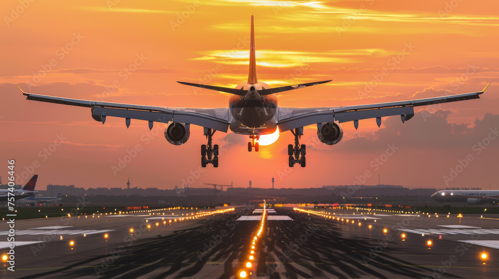 A large jetliner taking off from an airport runway A large jetliner taking off from an airport runway