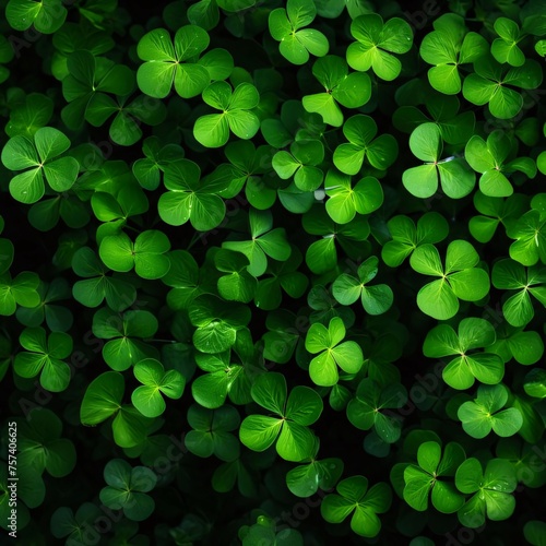 A view of hundreds of green clovers. Green four-leaf clover symbol of St. Patrick's Day.
