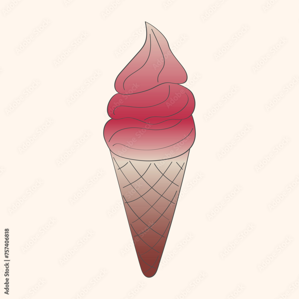 A pink doodle ice cream cone stands against a plain white background. The cone is filled with a swirl of pink ice cream, giving it a playful and delicious look