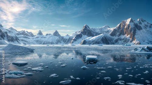 Antarctica snow capped mountains mirrored in tranquility waters. Generative AI © REC Stock Footage